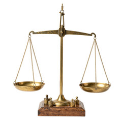 Antique Brass Balance Scales with Weights on a White Background