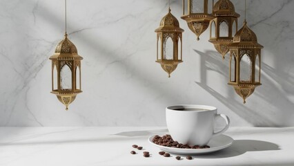 Obraz premium Elegant coffee setting with hanging lanterns