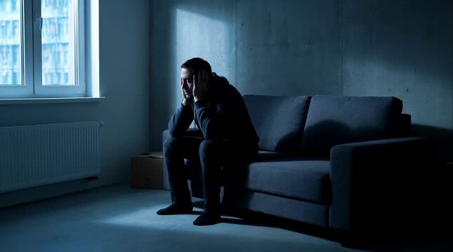 Stressed young man sits hunched over with his head in his hands on a dark gray sofa in a dimly lit, empty room surrounded by moving boxes, depicting profound depression and hopelessness