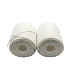 Neatly Rolled Pair of White Velcro Boxing Hand Wraps on a White Background