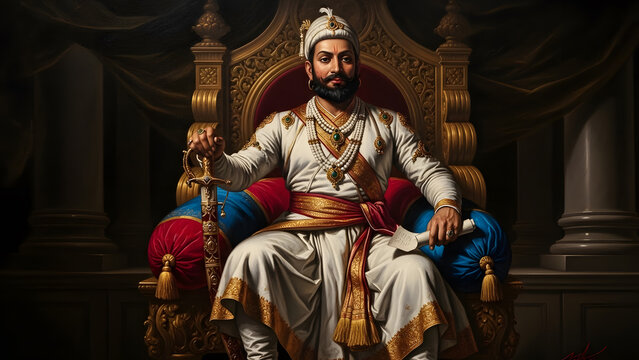 Chhatrapati Shivaji Maharaj king throne palace court ruler leader gold jewelry turban sword pillow seat royal power wisdom history tradition culture