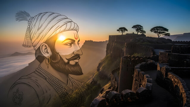 Portrait Shivaji Maharaj king face mountain fort landscape sunset sun rise sky cloud fog nature history landmark wall stone path tradition