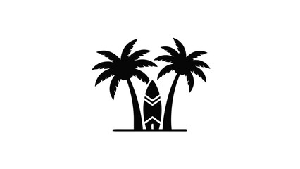 Vector illustration of tropical beach scene with palm trees and a surfboard, on transparent background