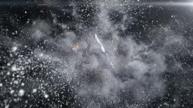 Futuristic triangle object explodes with debris and particles in dark space background
