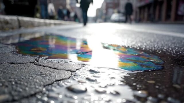 Low angle view of iridescent oil slick in puddle on city street, with blurred pedestrians and sunlight reflecting in water