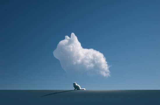 Surreal cloud shaped like cat above real cat, dreamlike scene blending fantasy, sky and peaceful solitude
