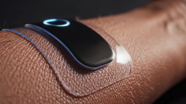 Cutting-edge wearable smart patch on textured human skin with glowing blue LED display, flexible transparent adhesive, monitoring health data in real-time, futuristic medical technology innovation.