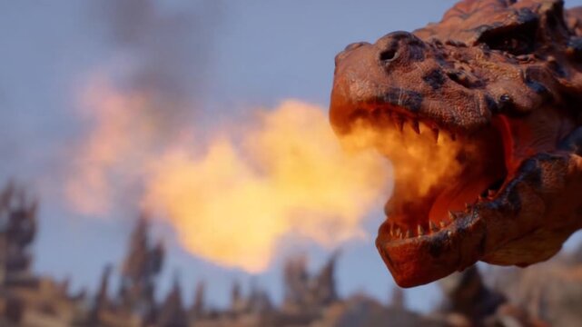 T-Rex roaring fire explosion background dinosaur attack.