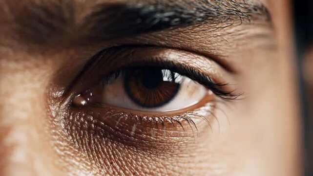 Extreme close up of a brown eye, opening, closing, and revealing detail of skin texture and eye structure