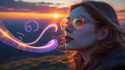 Woman wearing glasses with glowing swirls and sunset in the background, artistic light effects