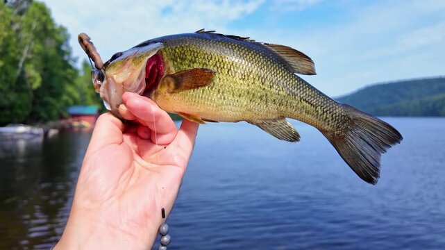 Freshly caught freshwater largemouth bass fish display. Bass fish hooked and holding by the lip. Active recreation near lake. Summer leisure and hobby. Catch and release.