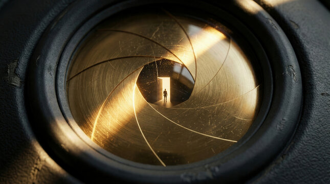 View through camera lens aperture with silhouetted figure at center in warm light