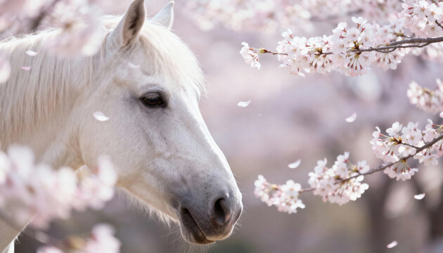 White horse standing among cherry blossoms with soft falling petals in spring light - Powered by Adobe