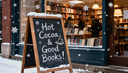 Chalkboard sign reading "Hot Cocoa & Good Books!" outside a cozy bookstore during winter with snow and festive decorations