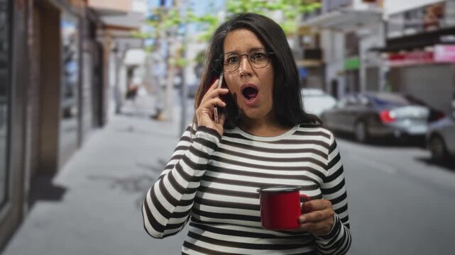 Woman with mouth open holding red mug and talking on phone on a street wearing striped shirt and glasses; surprise alarm.