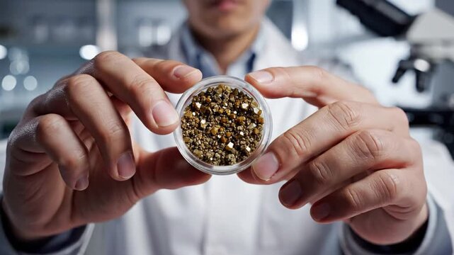 Scientist in lab holds container of golden pyrite crystals with microscope in background