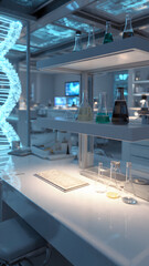 High-tech biotech research bench showcasing advanced instruments and digital analytical interfaces