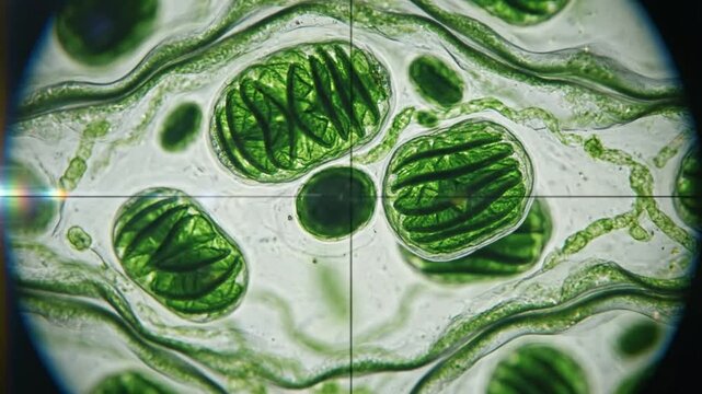 Microscopic view of plant cells and their chloroplasts with internal grana and thylakoids