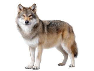 Majestic wolf standing upright with intense gaze, showcasing fur and powerful physique against plain background