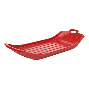 A vibrant red plastic sled, perfect for winter sports marketing, holiday promotions, and snow gear advertisements. Ideal for Christmas designs, festive seasonal campaigns, or ski resort visuals.