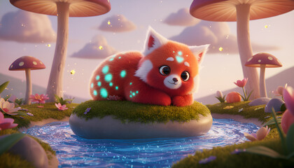  3D Character Illustration of red panda,Adorable red panda resting curled up,3d animal wildlife photography,web banner 