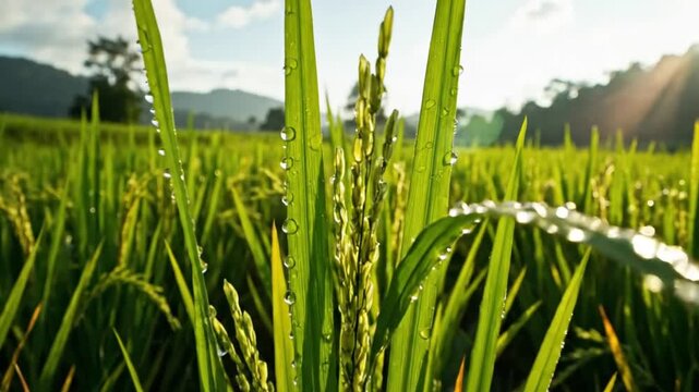 Morning dew drops on lush green rice paddy field glistening under the bright sunlight against a mountain backdrop