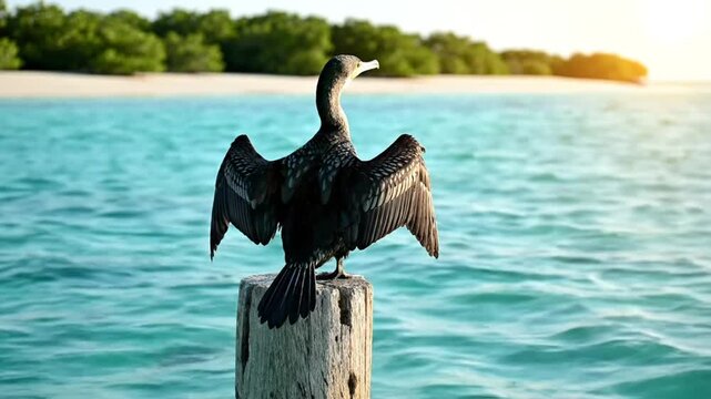 Black cormorant bird perched on a wooden post with spread wings, ocean and tropical beach in the background