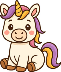 Cute cartoon unicorn sitting with a friendly smile and colorful mane. Flat vector fantasy animal illustration designed for children&rsquo;s stickers
