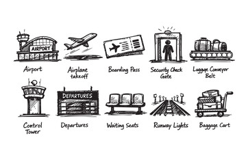Naklejka premium Black and white sketch style illustration featuring various airport related icons, including a building, airplane, boarding pass, and luggage conveyor. Great for travel themes.