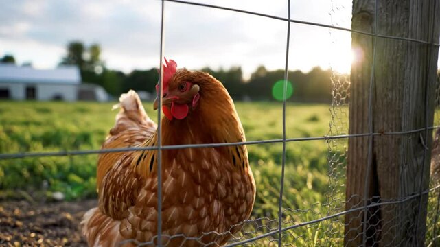Close-up of a brown hen squawking and looking at the camera behind a chain link fence with a sunset in the background.