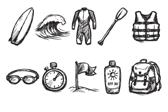 Hand drawn illustration of beach gear including surfboard, wetsuit, sunglasses, sunscreen, and backpack on a white background. For summer vacation or activities design.