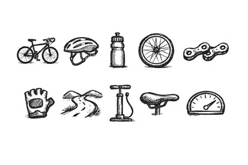 Black and white sketch of bicycle parts including bicycle, helmet, water bottle, wheel, chain, glove, road, pump, seat, speedometer, cycling concept.