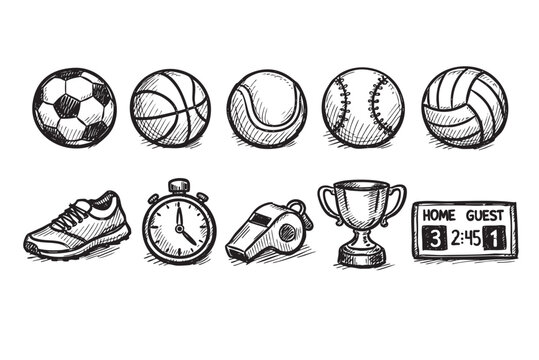A hand-drawn illustration features sports equipment, including balls, a shoe, a stopwatch, a whistle, a trophy, and a scoreboard, set against a clean white background.