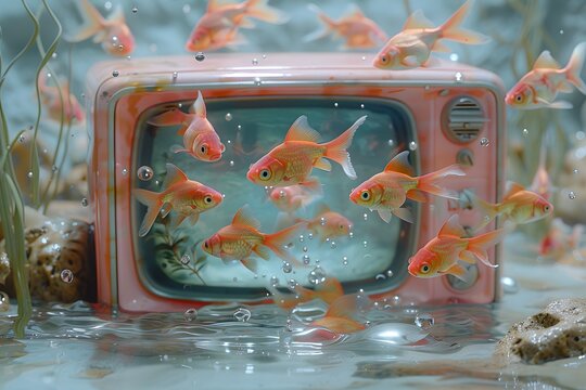 A whimsical underwater world where goldfish explore a vintage pink television, creating a scene of surreal silliness and playful charm