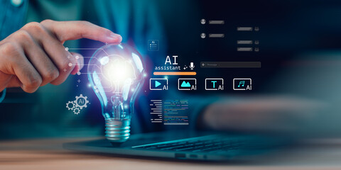 concept of creative innovation and intelligent automation through artificial intelligence, highlighting the use of smart assistants to support ideation, content creation, and productivity.