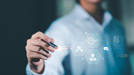 Customer support concept showing digital service system, 24-7 assistance, technical support, helpdesk management, online communication, problem solving, and professional customer service operations.