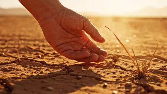 Hand hovering over parched cracked earth at sunset