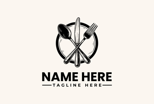 Black and white logo illustration of a plate with crossed spoon, knife, and fork, with a generic name and tagline on a beige background.
