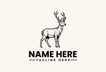 Black and white illustration of a deer with antlers and a placeholder text for a logo or brand name on a plain background.