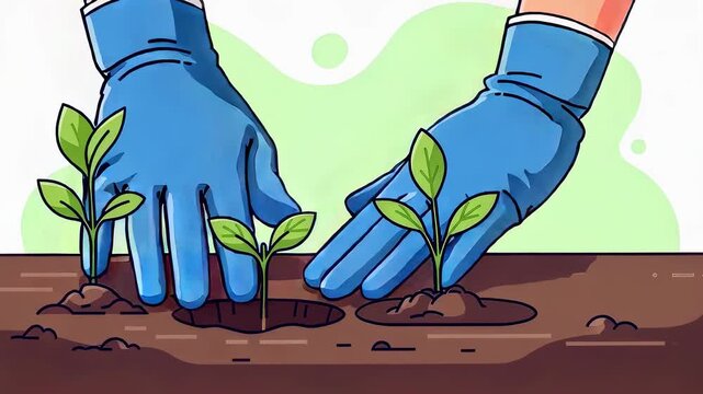 Gardener planting small seedling in dark soil. Woman hand in blue glove burying sprout in earth. Sustainable agriculture life process.