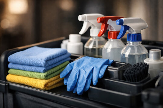 Housekeeping cleaning supplies kit with spray bottles microfiber cloths sponges rubber gloves and brushes arranged in caddy for home sanitation disinfection routine and professional janitorial service