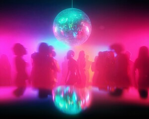 Silhouettes of people dancing beneath a glowing disco ball with vivid pink and blue neon lights, dreamy nightlife atmosphere, modern club culture scene, vibrant energy and music mood.