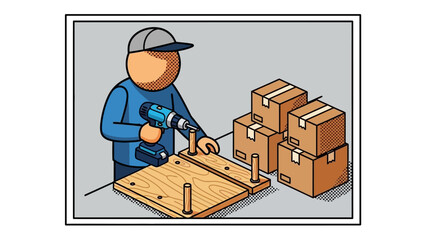 Craftsman in cap using drill assembling furniture near stacked cardboard boxes in halftone style