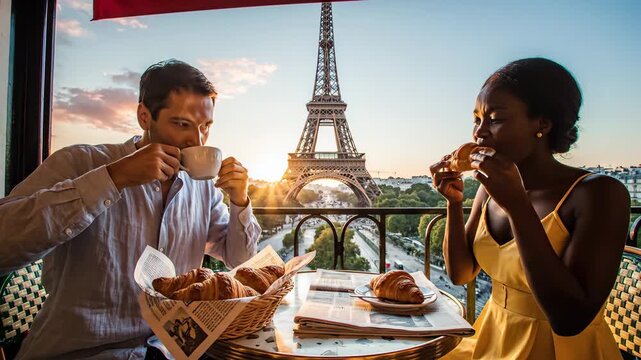 Enjoying Parisian Breakfast Coffee Croissants by Sunrise Eiffel Tower