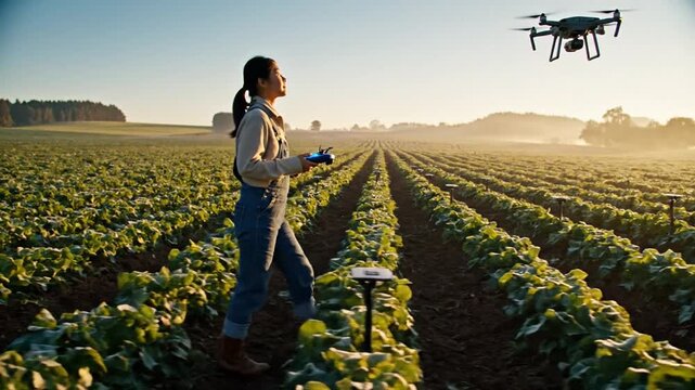 Female farmer in field guiding a drone with a handheld controller at sunrise over rows of leafy crops