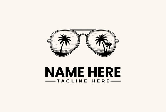 A vector illustration of sunglasses with palm trees reflected in the lenses and a placeholder text for a name and tagline on a beige background.