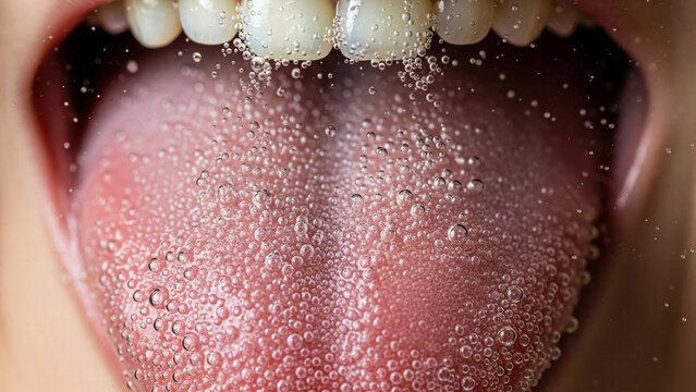 An open mouth with  fizzy drink on the tongue
