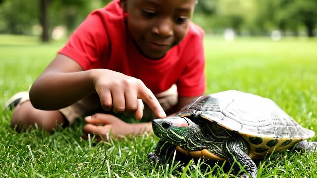 Young boy gently touching turtle grassy outdoor natural setting inter