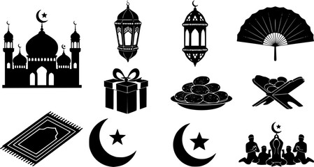 Naklejka premium ramadan arabic islamic celebration icon set silhouette style icon 