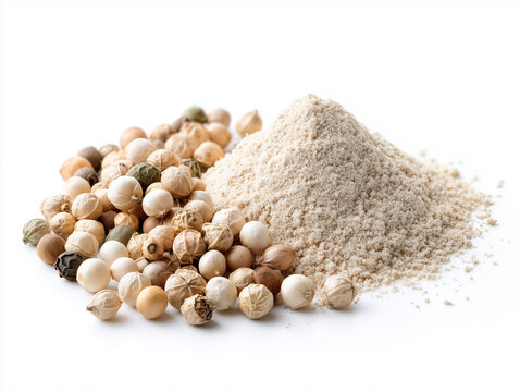 AI-generated image - A close-up view of whole white peppercorns and a pile of freshly ground white pepper powder, set against a clean white background. 